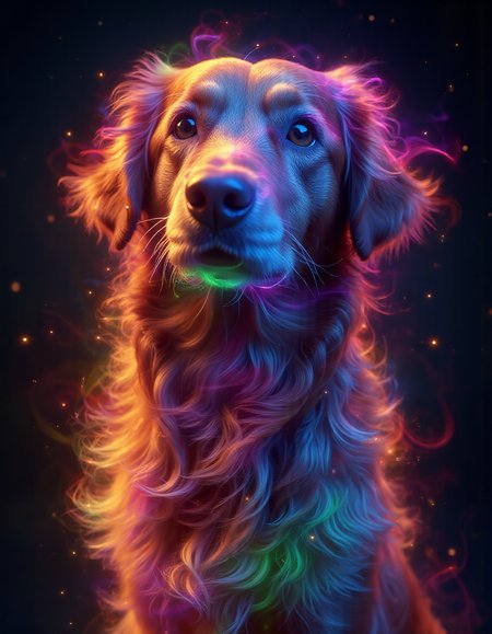 <lora:Aura_Flux-000015:1>,photography of dog with rainbow aura,