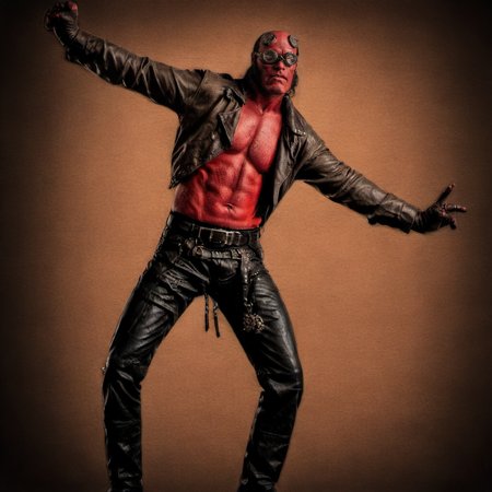 a red  man with a leather jacket and a pant and with attitude, steampunk background <lora:Hellboy1024:0.7>