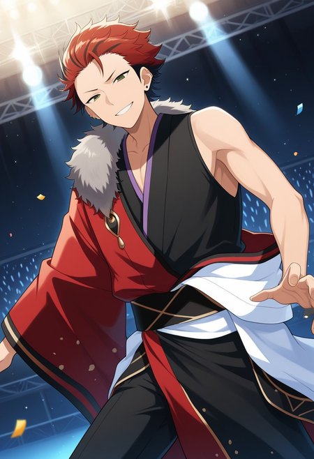 masterpiece,best quality,amazing quality, source_anime, 
kuroooky, 1boy, male focus, solo, green eyes, red hair, multicolored hair, jewelry, earrings, ear piercing, akatsuki uniform, kimono, multicolored kimono, fur trim, single off shoulder, pants, black pants, indoor, stage, light, confetti, grin,