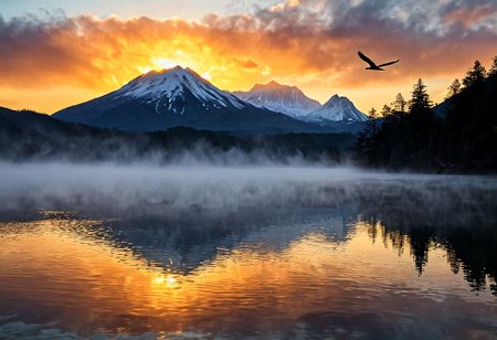 Sunrise gradually illuminating a tranquil mountain lake, dense fog obscuring the mountain peaks, scarlet and gold sky reflected in the still water, lone silhouette of a heron in flight, subtle ripples in the foreground catching the first light, serene, ultra realistic, golden ratio.