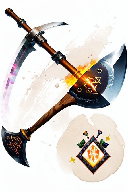 shovel,-axe hybrid, wood handed, (dark wood handle:1.1), (Shovel-Axe hybrid:1.3) with (glowing runes:1.2)