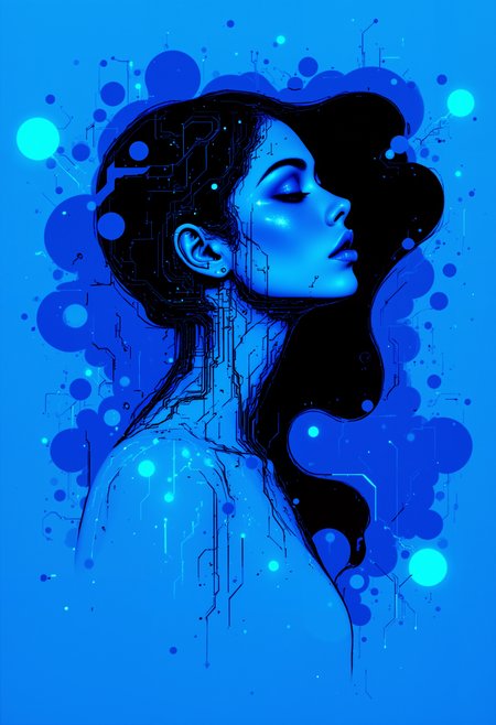 Create a digital artwork featuring a striking portrait of a woman in profile, rendered in a bold, graphic style using a monochromatic blue color palette. The woman's features should be stylized and futuristic, with her face and neck composed of flowing lines and circuit-like patterns that suggest a blend of human and digital elements. These patterns should appear to dynamically burst from her form, creating an effect of movement and energy that extends beyond the confines of her silhouette. The background should be simple yet impactful, using varying shades of blue to enhance the sense of depth and dimension. This style should evoke a sense of modernity and technology, highlighting the subject's serene yet intense gaze, which captures a moment of contemplation or revelation. Aim for a clean, sharp focus that emphasizes the intricate details of the lines and the smooth gradients of the color transitions, making the artwork both visually captivating and emotionally engaging.