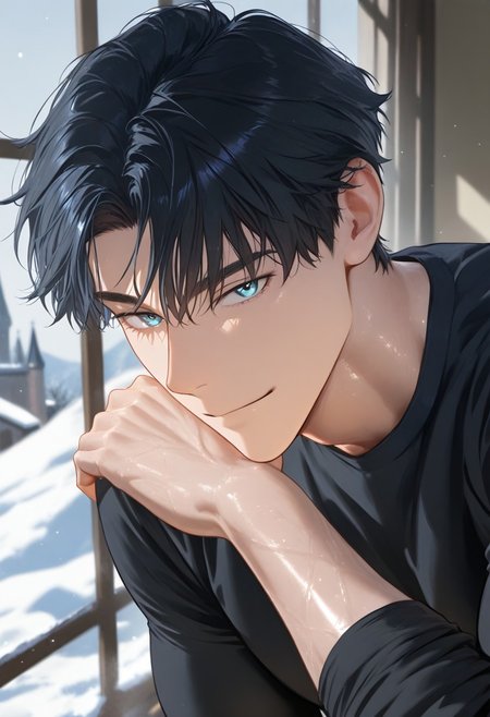 //General, masterpiece,best quality,amazing quality, source_anime, intricately detailed illustration, very aesthetic, absurdres, newest, anime coloring, subsurface scattering, , natural lighting, Expressiveh, detailed skin, shiny skin,aesthetics light, depth of field, vibrant colors,
//Fashion, black shirt, long sleeves, 
//Background, castle interior, indoors, snow background outside the window, 
//Others, 1boy, male focus, solo male, manly body, 
//Action, looking at viewer,  light smile, close up, upper body,
BREAK,
Black Hair , Light Blue Eyes