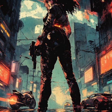 a futuristic cyberpunk city at night, glowing neon lights reflecting off rainy streets,
a badass 80s-style anime heroine stands in the foreground, she has wild hair, a sleek metallic bodysuit with glowing accents, and a high-tech visor over one eye. she is holding a retro_futuristic laser pistol, looking back and smirking confidently. behind her, a hovering motorcycle hums with electric energy, and a giant holographic ad flickers above the cityscape.
VHS anime aesthetics, film grain, over saturated color palette
