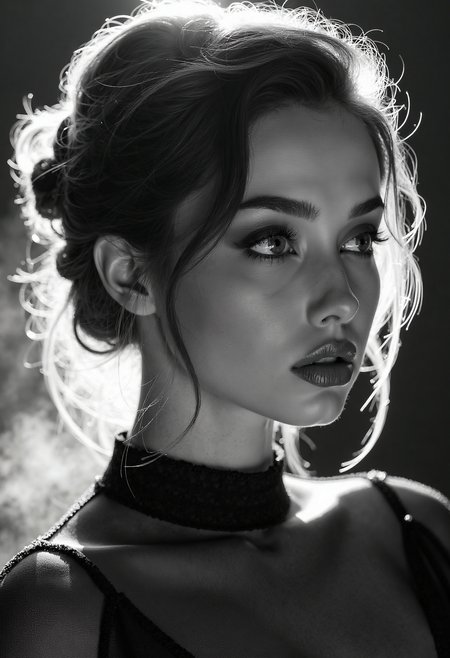 A highly detailed, black-and-white, silhouette, closeup, professional photo portrait of a young woman with a delicate, almost otherworldly beauty. She has fair, porcelain-like skin and striking almond-shaped eyes framed by long, dark lashes that draw attention to her gaze. Se is looking to the left, away from viewer. Her hair is voluminous and styled in an elegant updo, with soft, loose strands falling around her face to soften her features. Her lips are full and slightly parted, lending a subtle, sultry allure to her expression. She wears a form-fitting, high-necked top made of delicate, fishnet fabric, which accentuates her slender physique and adds a touch of subtle sensuality. The background is pitch black, with smoke behind the woman, creating a dramatic contrast with her light skin and hair, drawing the viewerâs focus entirely onto her. The lighting, hitting only one side of her face, is hard in chiaroscuro style, giving depth to her features and an air of mystery. The overall style blends gothic and fantasy influences, with a strong emphasis on realism and a refined sense of elegance and enigma.