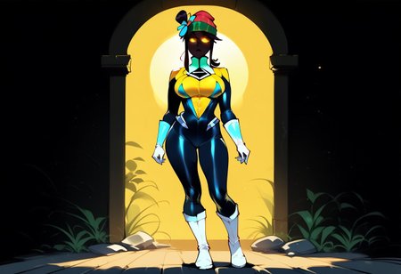 STYLES | PONY & ANIMAGINE
score_9, score_8_up, score_7_up , masterpiece, beautiful,1 girl,
SkylaCruzPXL, 1girl, solo,Skyla,   freckles, dark skin, dark-skinned female,black hair,black eyes, short ponytail,short hair, ponytail,beanie, red and green colored beanie, shaded face, glowing eyes, shaded face, (black face:1.2) yellow, yellow suit, full body ,standing, alley,
,SinestronCOS,thighhighs,white  gloves,skin tight,bodysuit,superhero,black bodysuit,yellow bodysuit,sinestrocorps symbol on chest, , knee boots, white boots,sinestrocorps symbols on chest, anime art style,