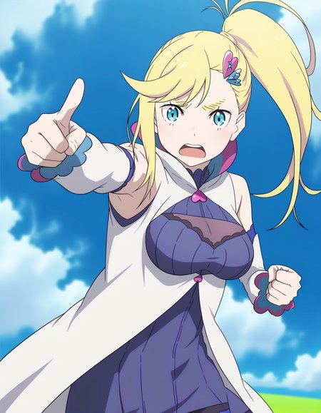 blonde hair, blue eyes, minerva, 1girl, solo, ponytail, pointing at viewer, blue sky, <lora:Minerva_ReZero:1>,