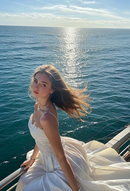 Inspired by Monet, a lone female in flowing white dress with head turned towards the sea