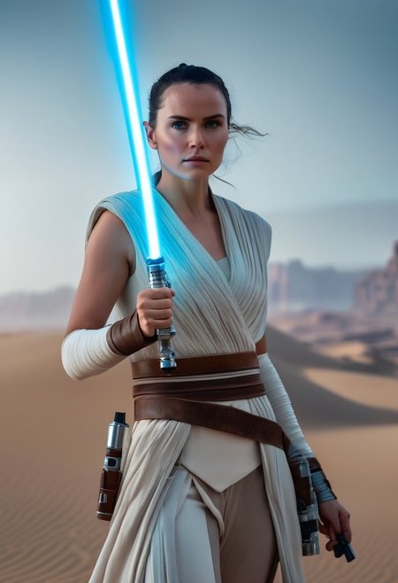 cinematic film still of  <lora:star wars style:1.5>
full-body portrait of Rey Skywalker from Star Wars, wearing her iconic white scavenger outfit with leather accessories, standing heroically, holding her blue lightsaber with both hands in front of her, determined and focused expression, detailed cloth textures flowing slightly in the wind, desert-like background or ancient Jedi ruins, cinematic lighting, dramatic atmosphere, photorealistic skin and costume details, glowing lightsaber casting soft blue light on her hands and face, 4k ultra high-resolution, masterpiece, trending on ArtStation, dynamic yet calm pose, realistic depth of field, intricate costume details, (epic heroic portrait:1.3), (cinematic lighting:1.2)