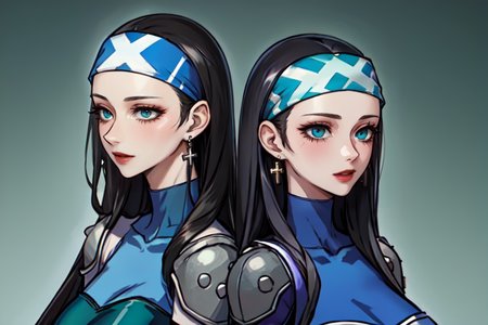 highly insanely detailed, masterpiece, top quality, best quality, highres, 4k, 8k, RAW photo, (very aesthetic, beautiful and aesthetic),  
beth_\(megami_tensei\),bethsmtii,shin megami tensei ii,long hair,black hair,straight hair,sleek black,jewelry,cross,headband,red_lipstick,Blue_dress,armored_corset,blue shirt,bandana_with_messian_symbol,Religious_bandana,symbol_headband,messian_church_bandana,messian_cross_earrings,cross_earrings,religious_earrings,messian_symbol_jewelry, 
<lora:zs_Beth:0.7>, 
(1girl:1.3), 1other, 
(pure green background,transparent background:1.2),âââ