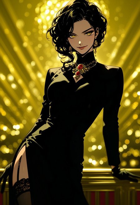 score_9, score_8_up, score_7_up, score_6_up, score_5_up, score_4_up, (long black hair:1.5), (golden eyes:1.4), (elegant black dress:1.5), (golden rose hairpin:1.2), (flawless, alluring beauty:1.1), (poised assassin stance:1.0), (subtle confident smirk:1.3), (thigh-high stockings:1.3), (sleek black gloves:1.4), (cinematic lighting:1.4), (luxurious ballroom background:1.5), dramatic rim lighting, soft glow, ultra-high detail, anime-style shading, professional artwork, refined elegance, semi-realistic, depth of field, mole under eye, lips, dynamic angle, night club background,