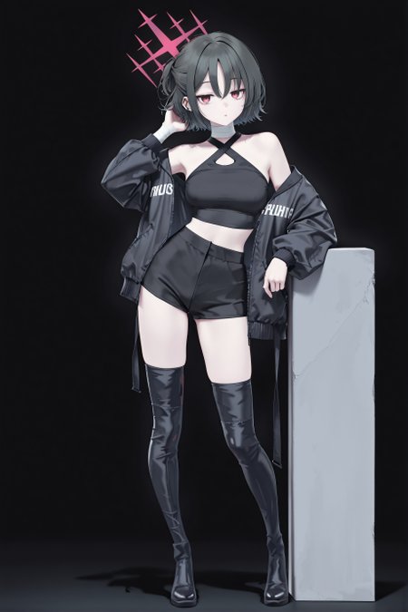 1girl, solo, misaki \(zozotown\) \(blue archive\), halo, tied hair, short hair, 
black jacket, midriff, jacket partially removed, halterneck, thigh boots, 
expressionless, jitome, :o, 
standing, contrapposto, hand on own hair, leaning on object, 
black background, 
full body, looking at viewer, masterpiece, best quality, amazing quality, very aesthetic, absurdres, highres, newest, <lora:xl_saturation_slider:0.1>, <lora:illustriousXLv01_stabilizer_v1.164:0.3>, <lora:reduce_wrinkles_illstriouosv0.1_ADDifT_2_in_1_v1.2:0.9>, <lora:misakizozotownillv1:0.8>,