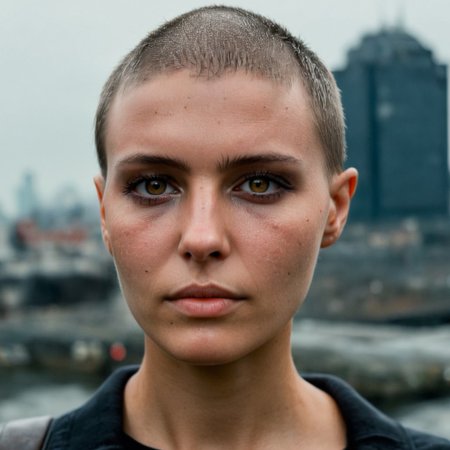 Buzzcut, no hair, bald, Blade Runner style, cinematic film still, (Skin Texture, pores, natural,iPhone,RAW)), natural lighting, Highest Quality closeup Portrait photo of a woman wearing no makeup with a ((buzzcut)), silver eyes, Nikon Z9, realistic matte skin, blurry city in the background, moody, epic, gorgeous, 8K,