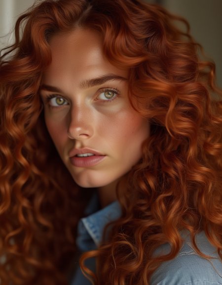 A close-up of a model with long, curly auburn hair, her hazel eyes reflecting a quiet strength, her expression serious and composed. <lora:usual-portrait-v2:1>