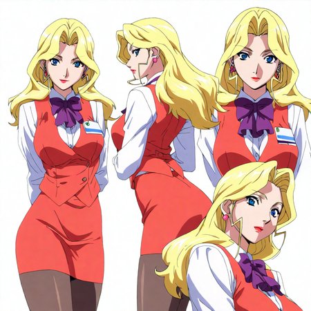 masterpiece,high score,great score,absurdres,solo,anime coloring,looking at viewer,<lora:character_Sheet_XL:0.5> character sheet, multiple views, white background,<lora:AliceNonoyama hassakuill30:1> alicenonoyama, blonde hair, long hair, blue eyes, lipstick, earrings,vest,shirt,bow,skirt,pantyhose,
