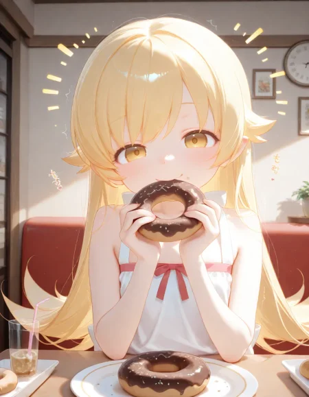 1girl, oshino shinobu, eating, fang, mister donut, donut, restaurant, happy, smile, trembling for pleasure, happy aura, cute, very awa, masterpiece, best quality, amazing quality, absurd res, hi res, highres, <lora:NoobV065sHyperDmd:0.3> <lora:naitian_epoch_12:0.8>