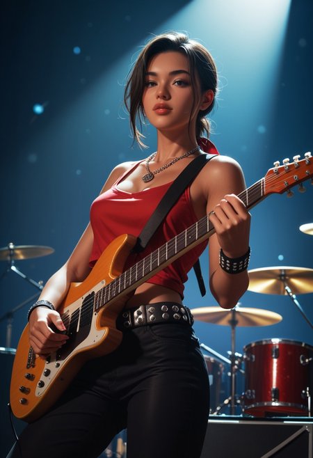 score_9, score_8_up, score_7_up, score_6_up, score_5_up, score_4_up, A young woman, likely in her late teens or early twenties, with dark hair and a medium complexion, is positioned on a stage, playing an electric guitar. She is centered in the image but slightly to the left of the frame.  She's facing the viewer, her expression focused and intense as she plays.  She is wearing a sleeveless, vibrant red top, black pants or skirt, and a studded belt.  A bandana or wristband is visible around her wrist.  She is wearing jewelry including a layered necklace with a pendant.  Her body is slender and athletic. The setting is a rock concert, with other musicians playing instruments (drums and a guitarist) in the background.  The stage is lit by bright stage lights, creating a dynamic atmosphere.  The image has a 1970s-1980s rock concert vibe, with muted tones of light red, black, white, and gray dominating the colors. The perspective is from slightly in front of and slightly above the woman, with a focus on her playing the guitar. The overall style is a snapshot of a concert performance with a clear emphasis on the musical artist.