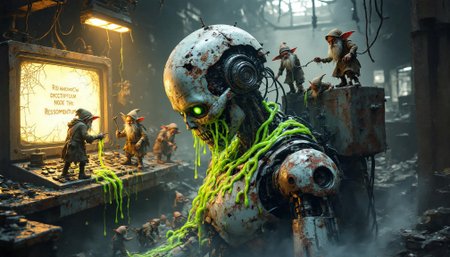 In a haunting, forsaken industrial chamber, a grotesque, rusted humanoid robot slumps heavily against a decrepit console, its fractured faceplate oozing a viscous, pulsing mucus that glimmers with an unnatural, bio-luminescent sheen under the dim, flickering overhead lights. Neon-green worms, writhing and twisting like living veins, crawl across its corroded metallic frame, their eerie glow casting faint, ghostly reflections on the surrounding rusted metal surfaces shrouded in a sickly yellowish haze of toxic gas, while dozens of tiny, gnarled gnomes scurry about like scavengers, their weathered faces and tattered cloaks smudged with grime as they greedily pry at loose bolts and wires with crude, makeshift tools. Behind the robot, a shattered screen displaying the faltering output of the Resmomentum node crackles intermittently, its surface encrusted with sickly green fungus and delicate spider webs that tremble in the stagnant air, as several gnomes climb atop one another to reach dangling circuits, their beady eyes glinting with mischievous determination in the faint light. The scene, captured in a close, claustrophobic perspective, is bathed in a cold, ethereal glow, intensifying the creeping dread of decay and abandonment, as faint whispers of distant machinery hum ominously amidst the soft clinks and murmurs of the gnomes’ frantic scavenging in the oppressive darkness.