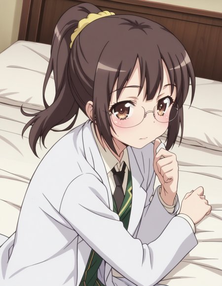 score_9, score_8_up, score_7_up, source_anime, <lora:rika-shiguma-s2-ponyxl-lora-nochekaiser:1>, rika shiguma, brown hair, brown eyes, ponytail, glasses, scrunchie, yellow scrunchie,, school uniform, necktie, labcoat,, indoors, bed, bed room, on side, blush, drunk, looking at viewer, solo,, cowboy shot, dutch angle