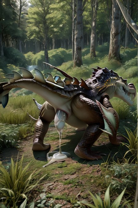 source_furry, score_9, score_8_up, score_7_up, (sahagin_xv, gator, monster), scalie, detailed scales, yellow eyes, detailed eyes, sharp teeth, elbow fins, claws, tail, <lora:Sahagin_FFXV:1>, outdoors, forest, rear view, (lift tail), presenting ass, genital slit, genital fluids, birth egg, zPDXL2, zPDXLxxx, zPDXLrl, shaded, best quality, highly detailed, extreme detail, photorealistic, hyperrealistic, masterpiece, 4k, uhd