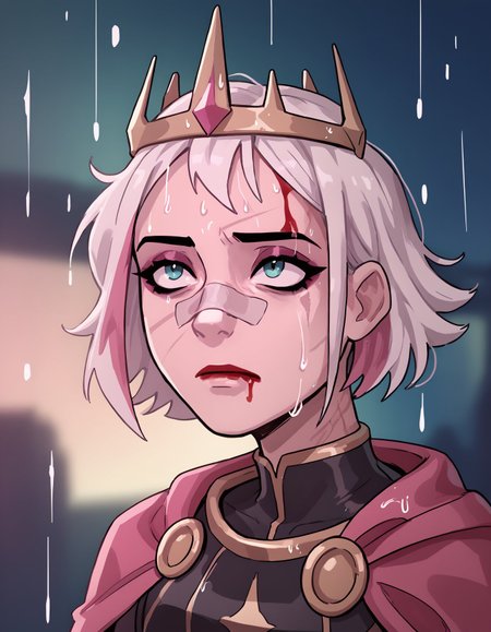 score_9, score_8_up, score_7_up, score_6_up lilandavastyle BREAK, portrait, bandaid on nose, blurry background, pink lighting, night, dark, pink theme, 1girl, solo, short hair, white hair,multicolored hair, makeup, scar, crown, armor, cape, blood on face, rain  <lora:add-detail-xl:0.3> <lora:Ulfger_PDXL:0.6> <lora:Lilandava_PDXL:0.8> <lora:YouLookLonelyXL_byKonan:0.8>
