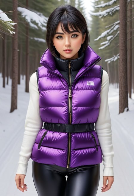 ((((puffer padded vest)))), ((((puffer padded vest)))), ((((full body)))), ((((fur boots)))), ((((puffer pants)))), winter, snow, forest, 1girl, solo, (masterpiece), detailed face, detailed eyes, (beautiful detailed eyes:1.5), sidelighting, (super detail, hyper detail, intricate_details, detailed), (semi realistic:1.6), (Bob cut), blunt bangs,(black hair), (purple eyes, eyelashs), smug smile, angry face, golden armlets, padded collar, Thick padded collar, <lora:Collar-SDXL:0.6>, <lora:cropped_puffer_vest_v2:0.4>, <lora:snowpants_v1:0.4>