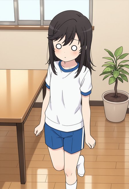 masterpiece, best quality, high resolution, source_anime, highly detailed illustration, detailed eyes,  
very aesthetic, absurdres, newest, amazing quality, 
1girl, solo, 
<lora:shiIchijouHotaruV1ill:1>, shihotaruichi, 1girl, solo, long hair, shirt, black hair, standing, shorts, socks, indoors, kneehighs, window, white socks, table, parody, standing on one leg, plant, t-shirt, gym uniform, wooden floor, o o, potted plant