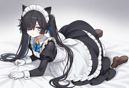 (Maid-kasli), solo, white gloves, dress, hair over one eye, maid apron, blue eyes, twintails, cat ears, maid headdress, maid, gloves, 1girl, apron, juliet sleeves, long sleeves, long hair, black hair, animal ears, bell,(Fall down),
