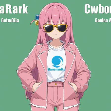 breathtaking,gotoh_hitori,1girl, solo, sunglasses, cube_hair_ornament, one_side_up, shirt, pink_jacket, english_text, album_cover, cowboy_shot, open_jacket, twitter_username, open_mouth, hands_in_pockets, artist_name, facing_viewer, torn_pants, pink_pants
 <lora:bocchi_iamge6193:1> . gorgeous,key visual, vibrant, studio anime,award-winning, professional, highly detailed,high budget, cinemascope