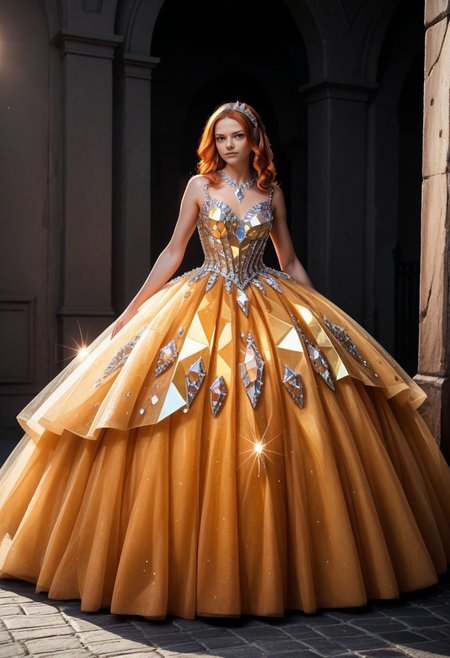 score_9, score_8_up, score_7_up, rating_safe, Fixhand, 
concept art, realistic, dark theme, low light, 1girl, solo.
Ginger hair, Blue eyes. ((Long legs:1.5))
CrinolineDress, crystalline dress