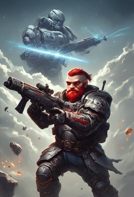 Score_9_up,Score_8_up,Score_7_up, masterpiece, best quality,
Hearthkyn_Warriors, standing, dust effect, Nebula skyline. Asteroid background. Flying debris. dwarf, armor ,backpack, metallic gray armor, Weathered armor. turquoise clothe,  1boy, red beard, Red hair. Crewcut hairstyle. science fiction, spaceship background, stocky, white beard, bald. Assault Rifle. Action scene. Battle Scene. aiming assault rifle.