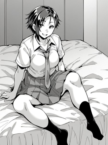 score_9, score_8_up, score_7_up,  
1girl,  monochrome, aki tt, black hair, short hair, asymmetrical hair, medium breasts,


sitting, on bed, smile, looking at viewer,
school uniform, white shirt, short sleeves, necktie, pleated skirt, black socks, no shoes, 