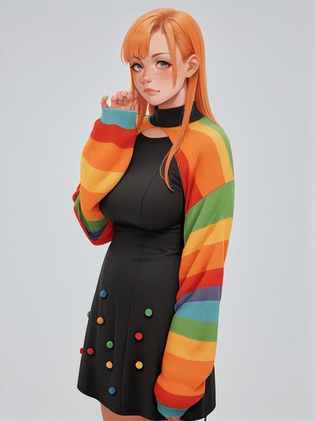 source_anime, score_9. score_8_up, score_7_up, score_6_up, score_5_up, score_4_up, (plump:0.3), large breasts, ginger hair, 1girl,  <lora:p0mp0mdr3ssXLP:0.6> simple background, p0mp0mdr3ss, long sleeves, black dress with pompoms, striped, sleeves past wrists, sweater, multicolored clothes, long hair,