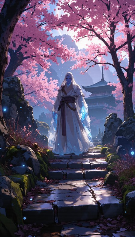 A translucent, ghostly figure in an elegant, traditional robe stands amidst a mist-covered sakura forest, their form illuminated by soft moonlight filtering through the pink blossoms. Glowing blue fireflies float through the fog, casting faint, flickering light on the moss-covered stone path leading to a sacred shrine in the distance. The air feels heavy with mystery, the soft rustling of cherry blossoms adding a sense of quiet reverence. A dreamy, ethereal color palette of pale pinks, soft blues, and shadowy purples enhances the tranquil and otherworldly mood. Fantasy concept art, cinematic digital painting, soft lighting, depth of field, intricate details, magical realism.