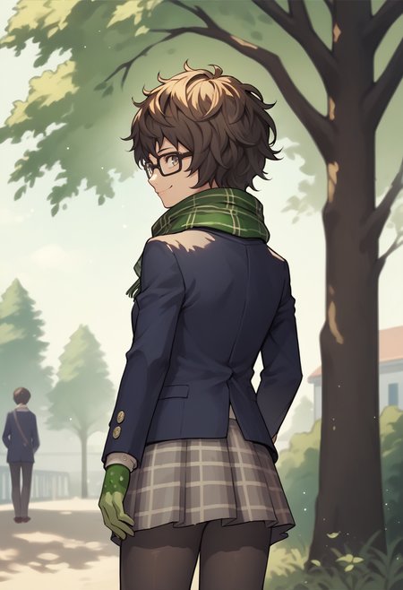 score_9, score_8_up, score_7_up, source_anime,  1girl, looking back, smile, <lora:zs_MiyazuXL:1> miyazusmtv, short hair, messy hair, glasses, scarf, blazer, shirt, plaid skirt, black pantyhose, green gloves, outdoors, school, tree
