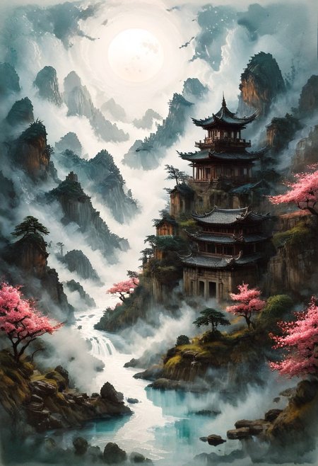 (Ink illustration on parchment, watercolor, ink splashes, Ukiyo-E). ((watercolor)), ((Chinese landscape)), (Chinese village, town, settlement, houses, streets, Pagodas), Red-Trees, landscape focus, small figure off-side, Japanese landscape, Rivers, Lake, Clouds, with watercolor washes, (((sakura forest landscape))), (((mist, waterfalls))), ((pink trees, sakura trees, vivid pink treetops)), (((full moon, moonbeams))), endless sakura forests that stretch outward to the horizon, dotted with the ruins of an ancient destroyed civilization, crumbling stone, degraded buildings and temple, a long magical aurora borealis stretching across the sky, a broken moon high in the sky partially turned into an asteroid belt, a Saturn-like ringed-planet world, flickers of magical energy illuminating the land, in the far distance a giant wall of smoke is rising from the shattered earth in which a multitude of faces are forming and screaming, Ink splashes, rough ink sketch, Ghibli style, high contrast, stylized, dark skin, close up on face, head and shoulder, leather medieval top with lowered hood, Art Nouveau Style, detailxl, BadDream, dioramas,