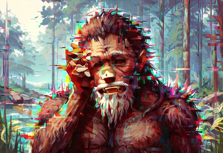 Close up face portrait, masterpiece, highly detailed, dynamic composition, mysterious Bigfoot in the pacific northwest, peeking out with a big smile, funny face, tongue sticking out, hands raised to his ears, palms out.  <lora:Glitch Style:1> glitch, flickering, digital, glitch style <lora:detailed_notrigger:1> <lora:Sasquatch_Big_foot:.8> sasquatch, bigfoot, humanoid creature, wild reddish-brown fur, sharp white beard <lora:zavy-cntrst-sdxl:.8> dark, chiaroscuro