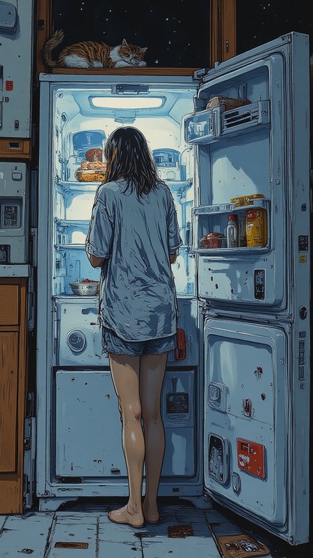 By Martin French, Anime-style illustration of a young woman standing in front of an open fridge at midnight, a fork in her hand as she sneaks a bite of leftover cake. The soft refrigerator light casts a glow on her messy, oversized T-shirt and pajama shorts. A sleepy cat watches from the counter, its tail flicking lazily. Soft anime aestheticsâwarm and cool light contrast, gentle highlights, cozy nighttime atmosphere <lora:illustration:0.8> <lora:flux-sm41l33-comic-v1:1.5> <lora:Martin_French:0.6>