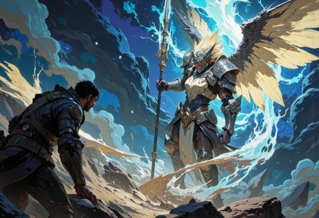 masterpiece, high-quality, photorealistic mythic warrior scene, The camera is positioned at the waist level of the valkyrie character, whose hand holding a massive spear etched with runes stands upright at her side, buzzing with latent thunderous energy is slightly blurred in the foreground. Steel silver wings at her back bristle with brilliant, reflective plumage, each steel feather rendered in hyperdetailed clarity. The focus is on the second character her enemy, placed according to the rule of thirds. They stand ready for battle, their tense posture and focused gaze revealing determination. Dramatic lighting enhances the tension, while the perspective builds drama, hinting at an inevitable clash. epic grandeur and raw elemental power, rule of thirds,  An armored valkyries.  The cinematic scale of the swirling tempest around her instills a breathless sense of epic grandeur and raw elemental power, rule of thirds, dof, depth of field, slight blur foreground, background focus, sharp background <lora:FLUX\FLUX-daubrez-DB4RZ:0.3> <lora:FLUX\ArcaneFGTNR:0.5> <lora:FLUX\VividlySurrealApex:0.6> <lora:FLUX\Anime v1.3:0.5>