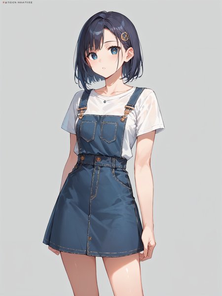 score_9, score_8_up, score_7_up,source_anime, high res image,masterpiece,best quality,girl,cute face,clear skin,shiny hair,ultra detailed eyes,simple background <lora:salopette_pony_V1.0:0.8> salopette, overall skirt