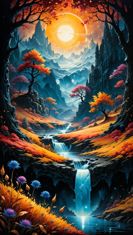 autumn best quality, ink painting, acrylic, cute ice cornflowers, sunrise, by Craola, Dan Mumford, Andy Kehoe, 2d, flat, adorable, vintage, art on a cracked paper, fairytale, storybook detailed illustration, cinematic, ultra highly detailed, tiny details, beautiful details, mystical, luminism, vibrant colors, complex background, centered, symmetry, painted, intricate, volumetric lighting, beautiful, rich deep colors masterpiece, sharp focus, ultra detailed, in the style of dan mumford and marc simonetti, astrophotography, centered, symmetry, painted, intricate, volumetric lighting, beautiful, rich deep colors masterpiece, sharp focus, ultra detailed, in the style of dan mumford and marc simonetti, astrophotography<lora:xl_more_art-full_v1:0.5>