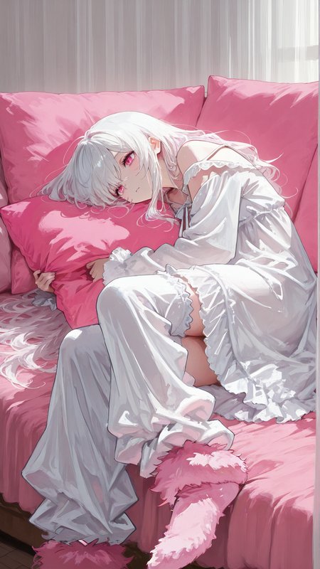 masterpiece, newest,absurdres,incredibly absurdres, best quality, amazing quality, very aesthetic, 
1girl,white nightgown, fluffy legwear, pink pillows,
<lora:fuyumur4s4ki_style:0.8> fuyumur4s4ki_illu <lora:Retro_Glitch:1>