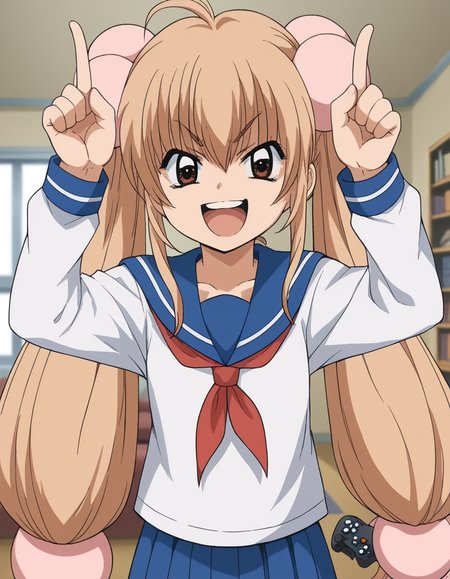 score_9, score_8_up, score_7_up, source_anime, <lora:rin-kokonoe-s1-ponyxl-lora-nochekaiser:1>, rin kokonoe, long hair, brown hair, hair ornament, twintails, brown eyes, very long hair, hair bobbles,, school uniform, serafuku, long sleeves,, living room, video game, controller, competitive, fun, afternoon, smile, <lora:horns-pose-ponyxl-lora-nochekaiser:1>, horns pose, index fingers raised, angry, steam, open mouth, shouting, anger vein,, looking at viewer, solo,, dutch angle, cowboy shot