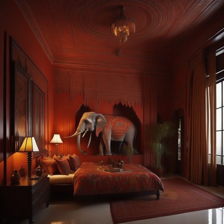 <lyco:Indian_style_interior_design_Sa_May:1.0>  Indian style interior design of badroom with elephant