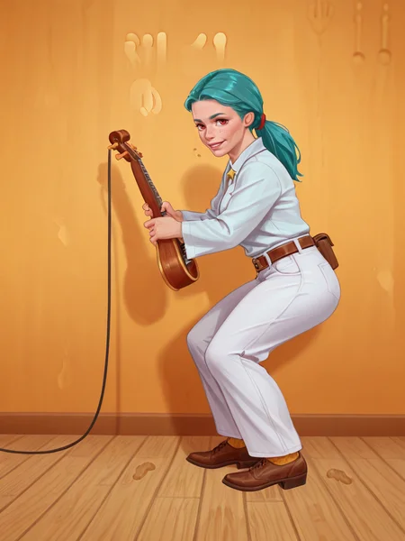 fighting game style <lora:Rino99Quiron_Style_ilus:1> ,  Rino99Quiron, realistic photo, 1girl female star ship technician, holding futuristic repair equipment, teal hair, red eyes, tall, beautiful face, freckles, wrinkled skin,, A very trendy and frequented place with footprints everywhere and wear on the floor,  from side,  , holding instrument,  , 
wild west monsoon,  . dynamic, vibrant, action-packed, detailed character design, reminiscent of fighting video games