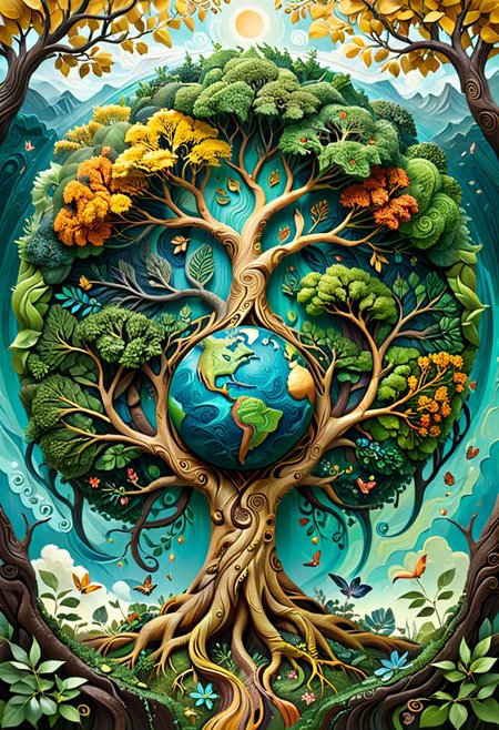 carving style artwork, Impasto style painting of (Earth depicted as a delicate balance of ecosystems, intricate details, realistic style, environmental theme,  On the top is 1(Tree of life) symbolizing ecological balance and harmony, detailed intricate roots and branches, vibrant colors,  high resolution, inspirational, ecosystem), with a Zentangle-style background, high detail, fine brush strokes, traditional art, golden palette, dynamic composition, artstation, 4k resolution, masterpiece