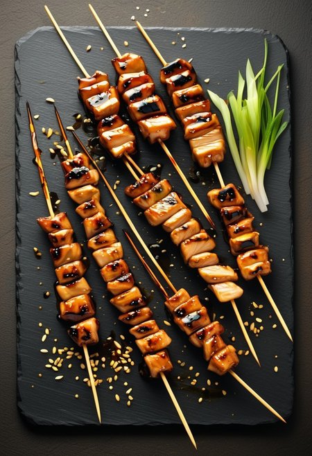 Artistic Presentation of Yakitori Skewers, Golden-Brown Grilled Chicken Glazed in a Shiny Teriyaki Sauce, Laid Out on a Charcoal Slate, with Floating Charred Leek Pieces and Scattered Sesame Seeds, Capturing the Smoky and Charred Perfection of Japanese Street Food