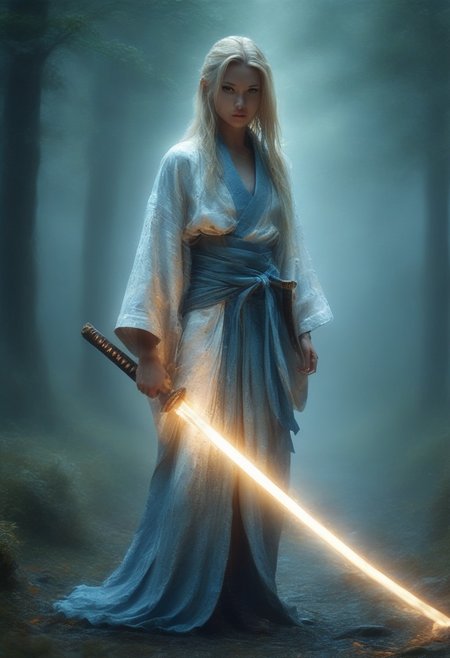 score_9, score_8_up, score_7_up, score_6_up, woman, pale skin, shoulder length hair, straight blonde hair, blue eyes, thin lips, slender, athletic, thick thighs, holds a katana in his left hand, ripped white kimono, graveyard background, night time, cinematic lighting, highly detailed background, high quality photography, masterpiece, high resolution, cinematic photo, DarkAtmosCE