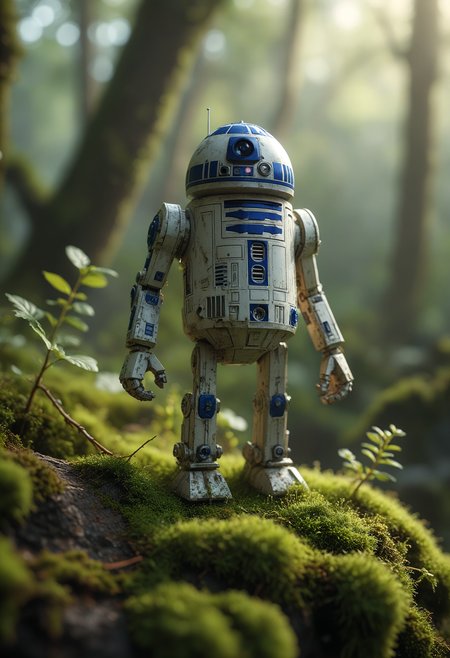A photo of R2D2 standing on a moss covered branch, backlit, translucent, glow, macro photography, extreme close-ups, intricate details, unseen worlds, capturing texture, emphasizing details, revealing beauty in small things, professional lighting, precise focusing, artistic expression, immersive experience, expert technique artstation culture, octane render, R2D2, artstation 3D, artstation HD, artstationHQ<lora:add-detail-xl:1> <lora:MJ52:0.5> <lora:sss:0.5>