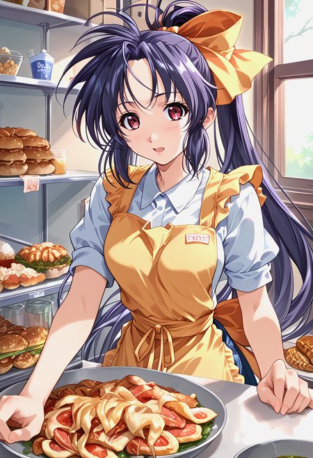 <lora:trumkuu_Pv11-000030:1>, ntrkuu, 1girl, hair ribbon,  apron, ponytail,, BREAK score_9, score_8_up, score_7_up, score_6_up, source_anime, best quality,